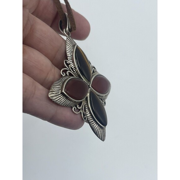 925 GFJ THAI Sterling Silver Tigers Eye & Carnelian Agate Pendant Necklace - Picture 5 of 7